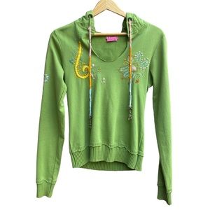 BCBGirls Green Embroidered Hippie Bohemian Hoodie, Sz S